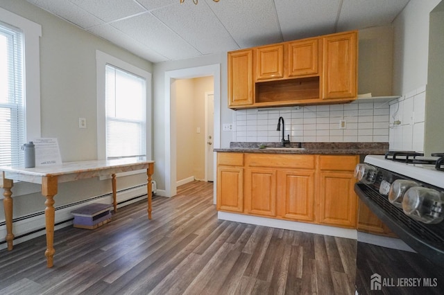 kitchen featuring dark wood finished floors, tasteful backsplash, dark countertops, baseboard heating, and a sink