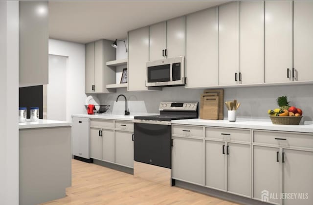 59 Bayberry Dr, Franklin, NJ 08873 - kitchen featuring stainless steel electric range, open shelves, dishwasher, light wood-type flooring, and gray cabinetry