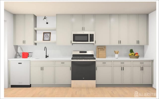59 Bayberry Dr, Franklin, NJ 08873 - kitchen featuring stainless steel microwave, range with electric cooktop, light countertops, open shelves, and light wood-style flooring