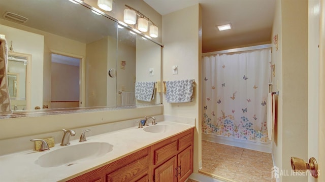 437 Belford Rd Unit B, Monroe, NJ 08831 - bathroom featuring double vanity, tile patterned floors, a shower with shower curtain, and baseboards