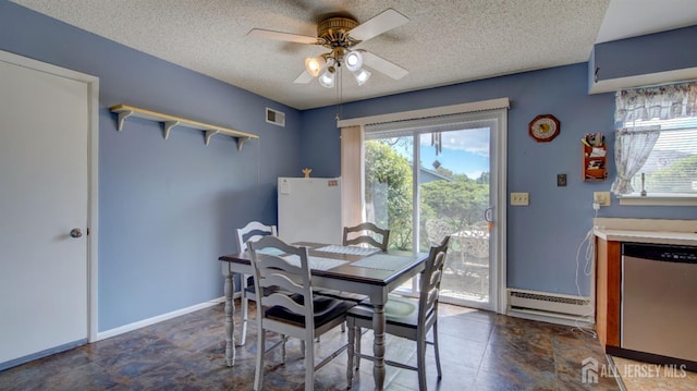 437 Belford Rd Unit B, Monroe, NJ 08831 - dining area with a textured ceiling, ceiling fan, plenty of natural light, and a baseboard heating unit