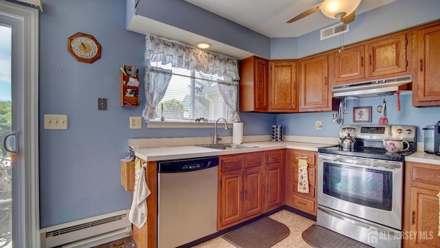 437 Belford Rd Unit B, Monroe, NJ 08831 - kitchen featuring appliances with stainless steel finishes, baseboard heating, a sink, under cabinet range hood, and a ceiling fan