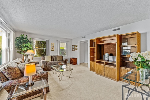 living room with light carpet and a textured ceiling