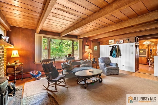 552 Parkview Ave, North Plainfield, NJ 07063 - living area with wooden ceiling with exposed beams, wood finished floors, wooden walls, and a brick fireplace