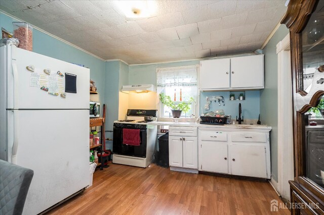 719 Catherine St, Perth Amboy, NJ 08861 - kitchen featuring freestanding refrigerator, gas stove, under cabinet range hood, light wood-type flooring, and a sink