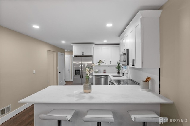 344 W Point Ave W, Franklin Twsp, NJ 08873 - kitchen featuring visible vents, appliances with stainless steel finishes, a sink, light countertops, and a peninsula