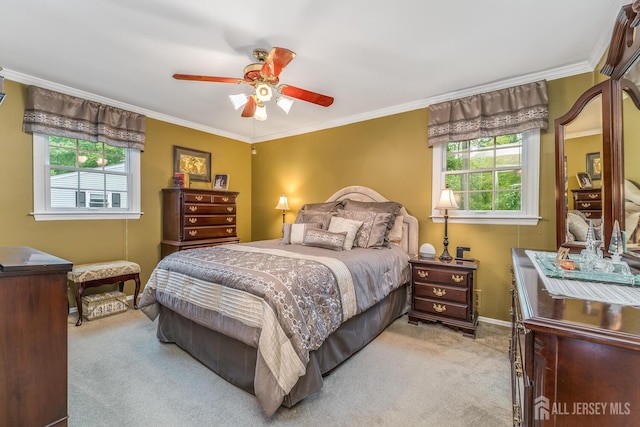 14 Bonnie Brook Ter, Middlesex, NJ 08846 - bedroom featuring light colored carpet, multiple windows, crown molding, ceiling fan, and baseboards