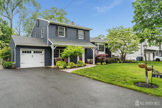 14 Bonnie Brook Ter, Middlesex, NJ 08846 - view of front of property featuring an attached garage, a chimney, a front lawn, driveway, and cooling unit