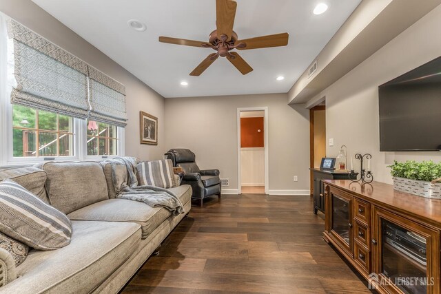 14 Bonnie Brook Ter, Middlesex, NJ 08846 - living room with a ceiling fan, dark wood-type flooring, recessed lighting, and baseboards