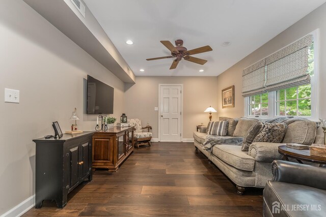 14 Bonnie Brook Ter, Middlesex, NJ 08846 - living room with ceiling fan, dark wood-type flooring, baseboards, and recessed lighting