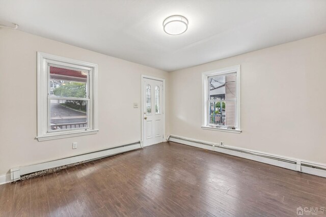 unfurnished room featuring dark wood-type flooring and a baseboard heating unit