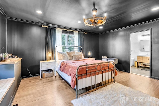 24 Bentley Rd, Monroe, NJ 08831 - bedroom with a chandelier, wood finished floors, crown molding, recessed lighting, and ensuite bath
