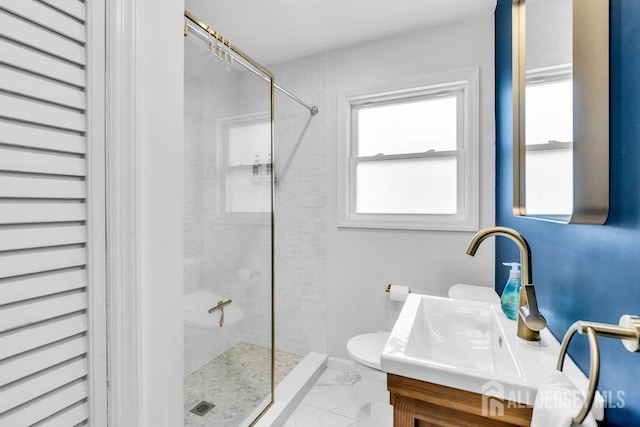 24 Bentley Rd, Monroe, NJ 08831 - bathroom featuring tiled shower, vanity, marble look tile flooring, and toilet