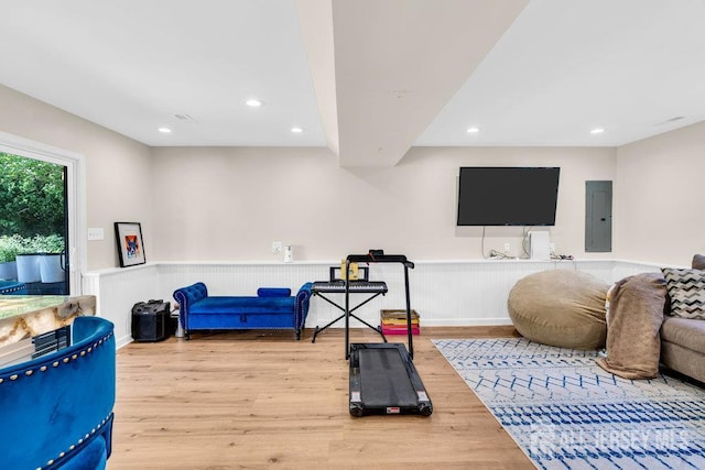 24 Bentley Rd, Monroe, NJ 08831 - exercise room featuring electric panel, wainscoting, wood finished floors, and recessed lighting