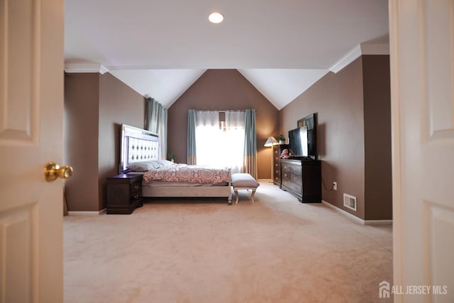 19 Crescent Rd, Old Bridge, NJ 08857 - bedroom featuring light colored carpet, crown molding, baseboards, vaulted ceiling, and recessed lighting