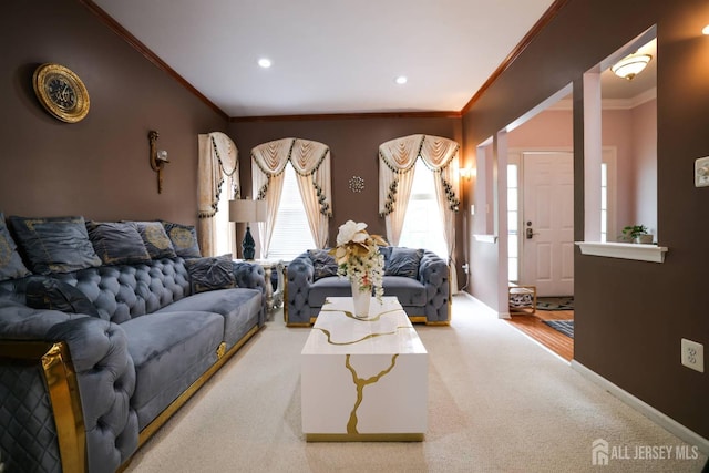 19 Crescent Rd, Old Bridge, NJ 08857 - living area with crown molding, light colored carpet, recessed lighting, and baseboards