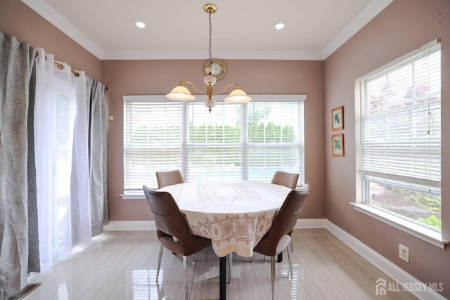 19 Crescent Rd, Old Bridge, NJ 08857 - dining space with a chandelier, crown molding, baseboards, and recessed lighting