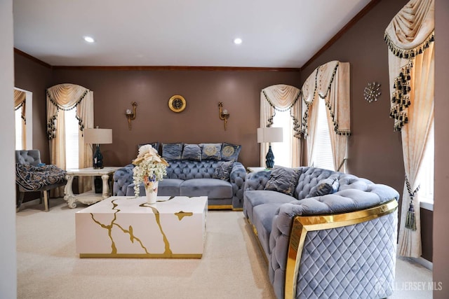 19 Crescent Rd, Old Bridge, NJ 08857 - living area with crown molding, light colored carpet, and recessed lighting