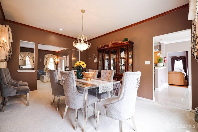 19 Crescent Rd, Old Bridge, NJ 08857 - dining room featuring light carpet, ornamental molding, a chandelier, baseboards, and recessed lighting