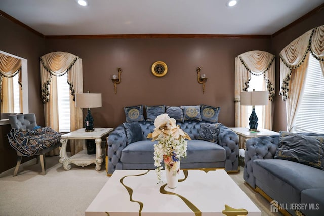 19 Crescent Rd, Old Bridge, NJ 08857 - living room with healthy amount of natural light, crown molding, carpet floors, and recessed lighting