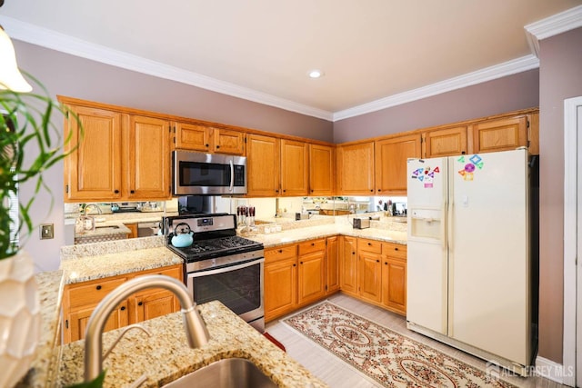 19 Crescent Rd, Old Bridge, NJ 08857 - kitchen featuring appliances with stainless steel finishes, a sink, light stone counters, ornamental molding, and recessed lighting