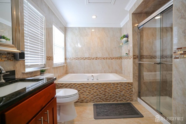 19 Crescent Rd, Old Bridge, NJ 08857 - full bathroom featuring ornamental molding, toilet, vanity, a bath, and a stall shower
