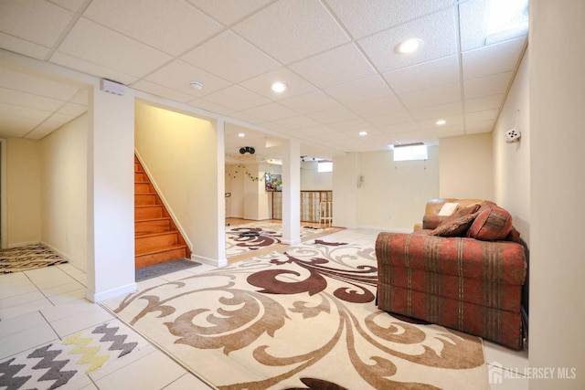 19 Crescent Rd, Old Bridge, NJ 08857 - sitting room with stairway, a paneled ceiling, recessed lighting, tile patterned floors, and baseboards