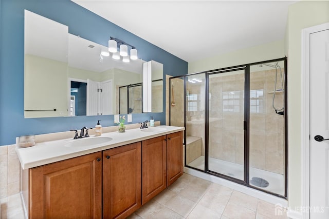 55 Dahlia Ct, Piscataway, NJ 08854 - bathroom featuring double vanity, a stall shower, and tile patterned flooring