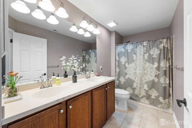 55 Dahlia Ct, Piscataway, NJ 08854 - bathroom featuring tile patterned flooring, double vanity, and a shower with shower curtain