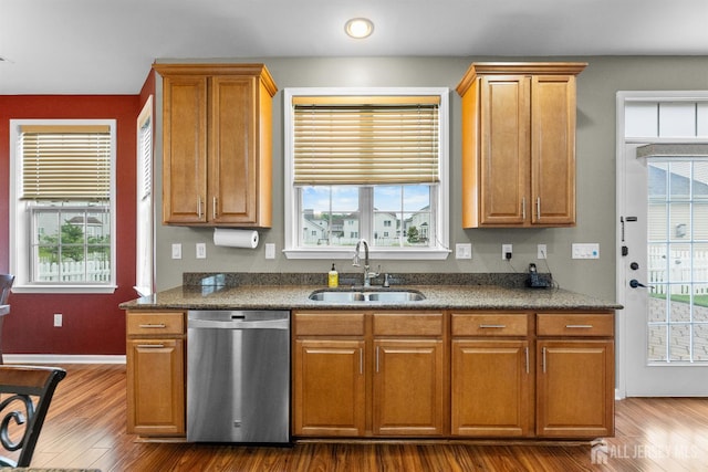 55 Dahlia Ct, Piscataway, NJ 08854 - kitchen featuring dishwasher, dark wood-type flooring, plenty of natural light, brown cabinetry, and recessed lighting