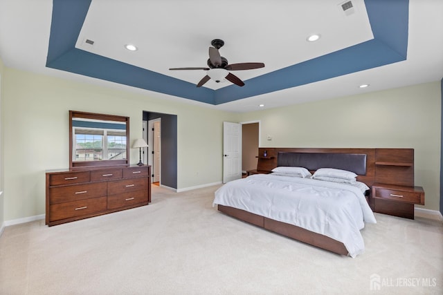 55 Dahlia Ct, Piscataway, NJ 08854 - bedroom featuring a raised ceiling, light colored carpet, recessed lighting, and ceiling fan