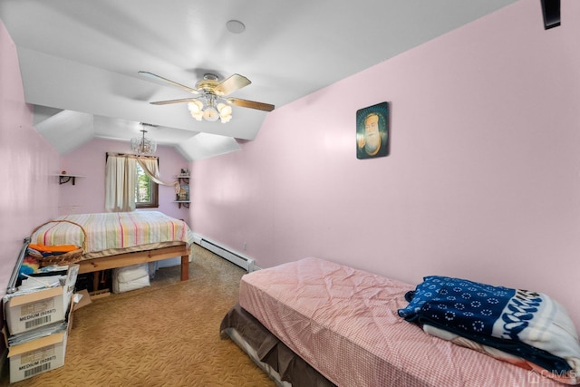 bedroom featuring light carpet, a baseboard heating unit, vaulted ceiling, and ceiling fan