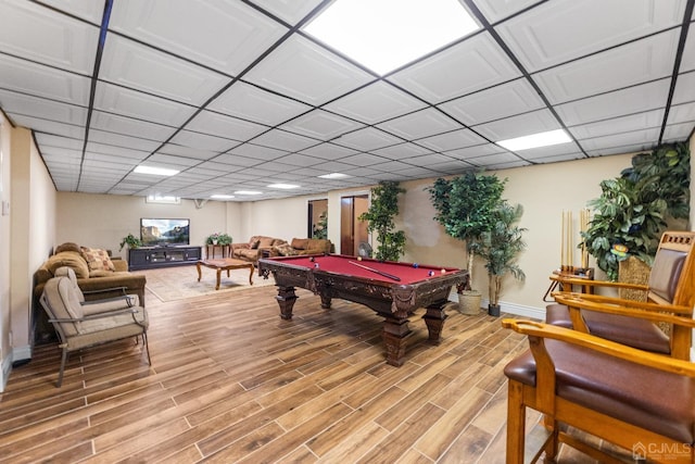 game room with pool table, wood-type flooring, and a drop ceiling