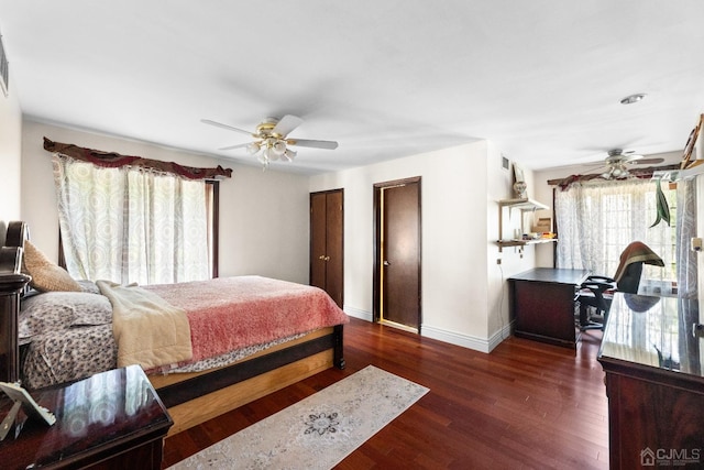 bedroom featuring two closets, dark hardwood / wood-style floors, and ceiling fan