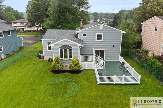 34 Connor Ave, Metuchen, NJ 08840 - rear view of house featuring a fenced backyard, crawl space, a deck, and a chimney