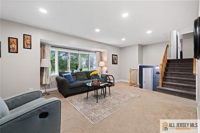 34 Connor Ave, Metuchen, NJ 08840 - carpeted living room with recessed lighting and stairs