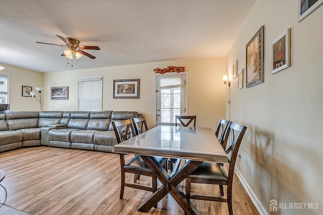 dining room with ceiling fan and light hardwood / wood-style flooring