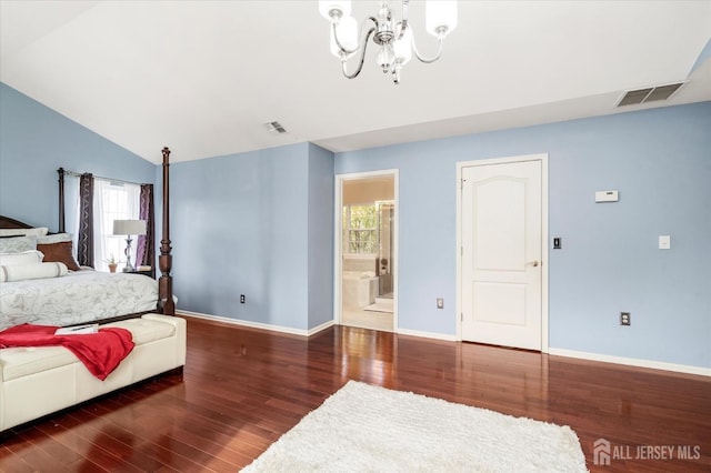 bedroom featuring visible vents, dark wood finished floors, a notable chandelier, and baseboards