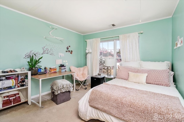 bedroom with ornamental molding, carpet, and visible vents