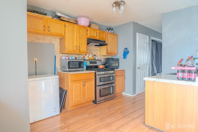 kitchen with stainless steel appliances, sink, backsplash, and light hardwood / wood-style flooring