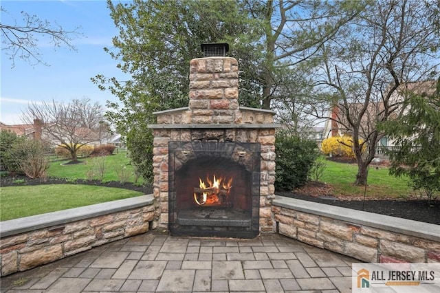 exterior view of an outdoor stone fireplace