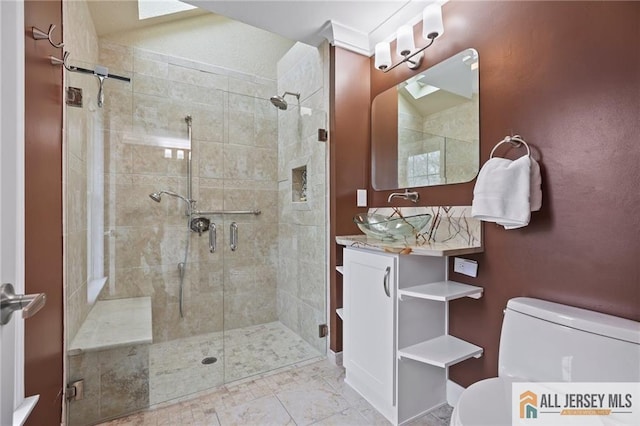 bathroom with toilet, a shower stall, and vanity