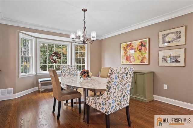 dining space with a chandelier, baseboards, dark wood-style floors, and crown molding