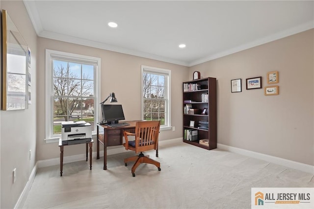 office with crown molding, baseboards, light colored carpet, and recessed lighting
