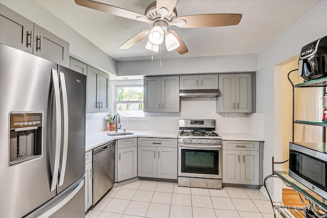 kitchen featuring appliances with stainless steel finishes, gray cabinetry, under cabinet range hood, and light countertops