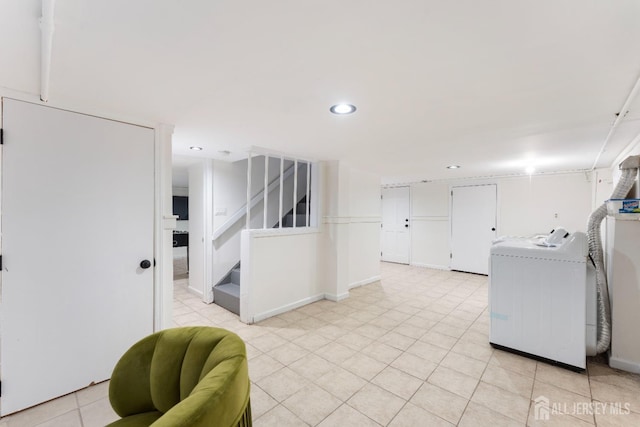 334 Hillcrest Ave, Plainfield, NJ 07062 - laundry room with washing machine and clothes dryer, light tile patterned floors, and recessed lighting