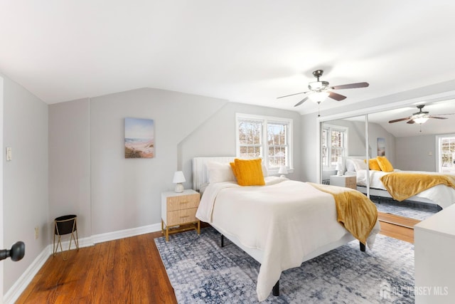 334 Hillcrest Ave, Plainfield, NJ 07062 - bedroom featuring wood finished floors, baseboards, vaulted ceiling, and a ceiling fan