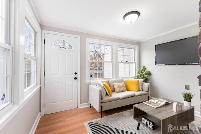 334 Hillcrest Ave, Plainfield, NJ 07062 - living room featuring light wood-style floors, baseboards, and crown molding
