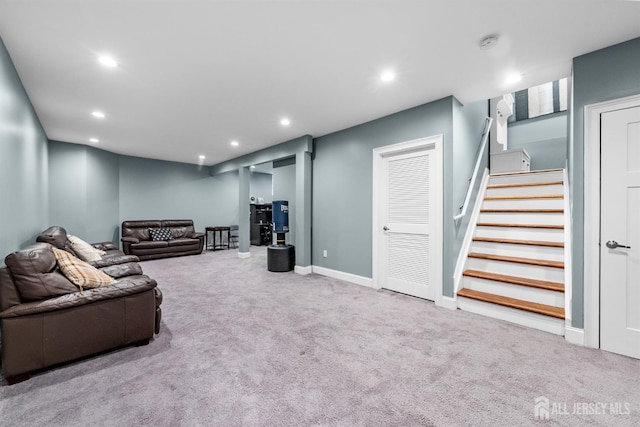 20 Mccormick Ave, Old Bridge, NJ 08857 - living room featuring carpet floors, stairs, recessed lighting, and baseboards