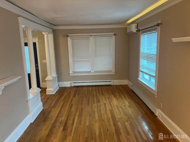 interior space with baseboard heating, dark wood-type flooring, a wall mounted air conditioner, and ornamental molding